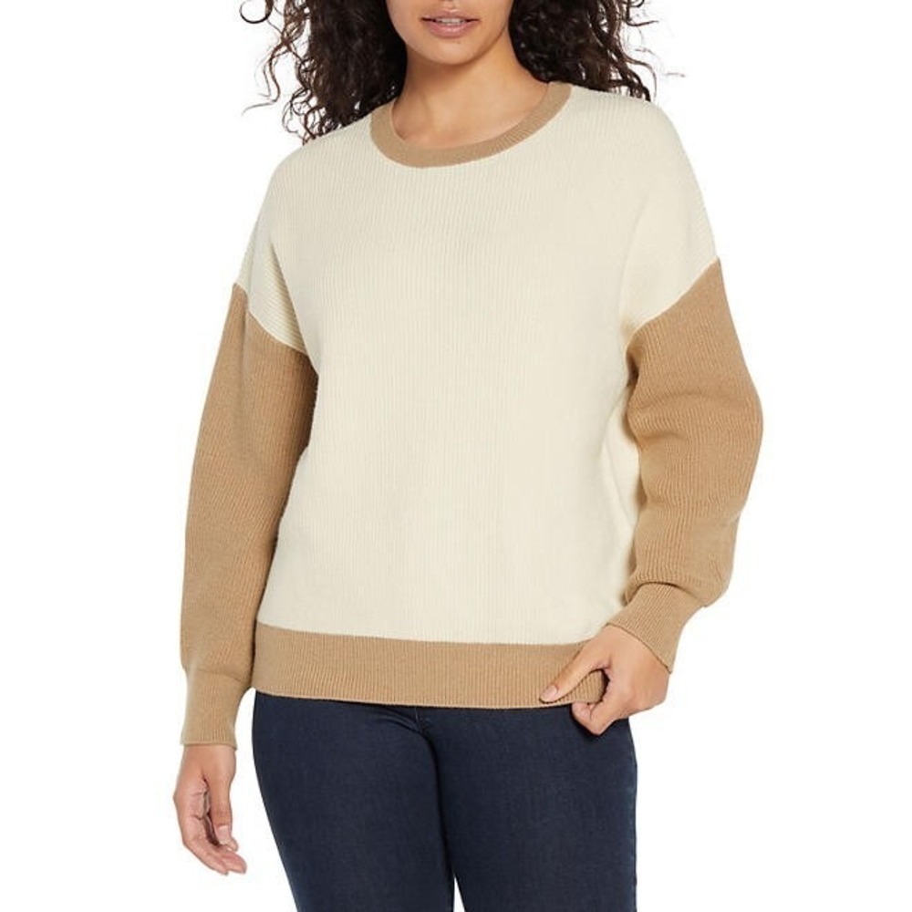 Express Womens Relaxed Rib Sweater Eggnog Pecan Colorblock XL